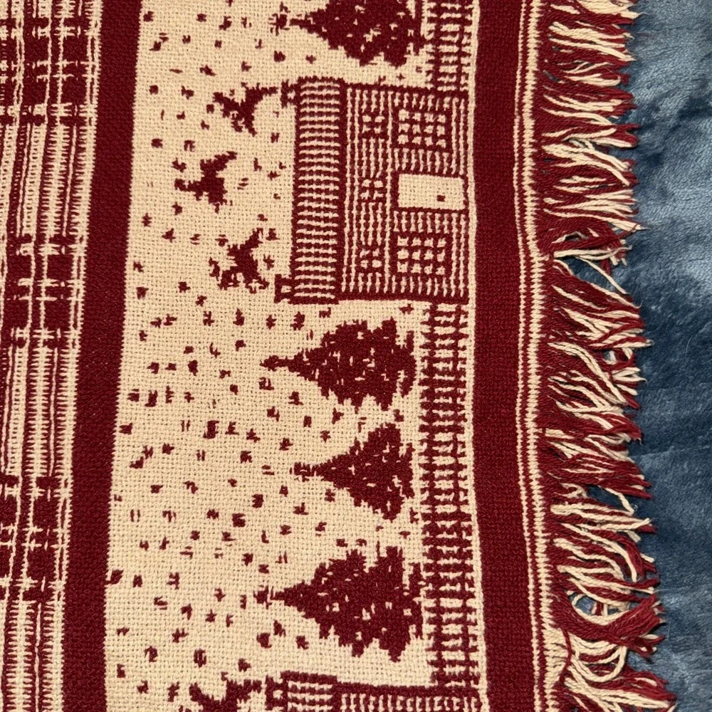 Crate Barrel table runner Red White Fringed House Tree Motif Belgian Cott 2 Side